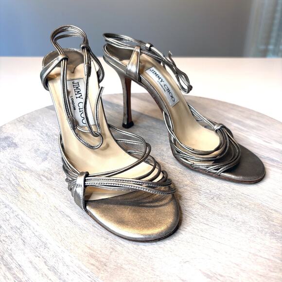 Jimmy Choo Metallic Pewter Strappy Heels EU 37 Italy Leather Sandals Sexy US 7 - Picture 1 of 10